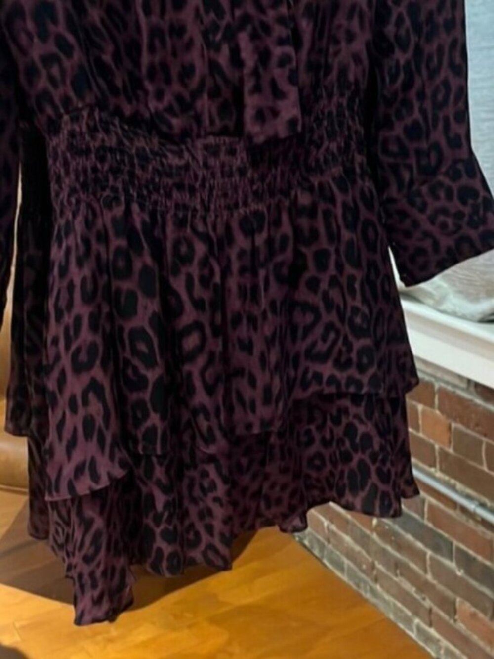 Parker Black Purple Leopard Print Long Sleeve Ruffle Mini Dress S - Picture 6 of 6
